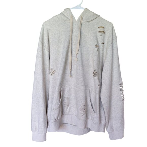 POL | Heather Grey Oversized Slashed Distressed French Terry Hoodie Sweatshirt L - Picture 1 of 16